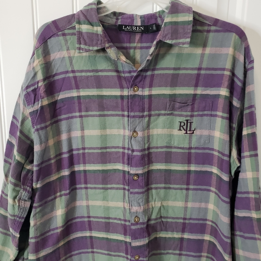 Lauren Ralph Lauren Plaid Cotton Blend Herringbone Sleep Lounge Shirt Size Large - Picture 4 of 11